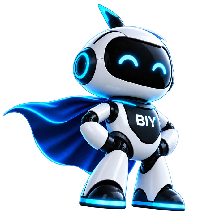 The BIY company mascot, a white robot in a blue cape with BIY on its chest
